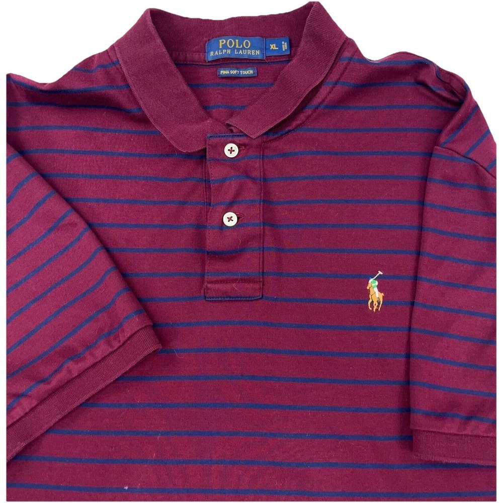Ralph Lauren Polo Shirt Men XL Maroon Blue Fine Soft Touch Flesh Pony Flesh Pony